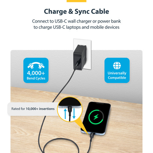 StarTech.com 10ft (3m) USB-C Charging Cable, USB C Cable, USB 2.0 Type-C Laptop Charger Cord, 60W 3A Power Delivery, TPE Jacket, USB-C Data Transfer Cable, M/M