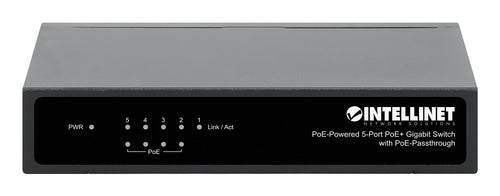 Intellinet 5-Port Gigabit Switch with PoE Passthrough, 4 x PSE PoE ports, 1 x PD PoE port, IEEE 802.3at/af Power-over-Ethernet (PoE+/PoE), IEEE 802.3az Energy Efficient Ethernet, Desktop