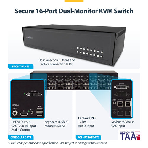 StarTech.com Secure 16-Port KVM Switch, DVI, NIAP 4.0 Desktop KVM, Metal Housing, CAC Port, Made in the USA
