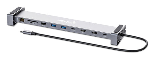 Manhattan USB-C Dock/Hub with Card Reader and MST, Ports (x7): Ethernet, HDMI (x2 4k@60Hz), USB-A (x3) and USB-C, with Power Delivery (PD) 100W- requires external USB-C charger (not included). USB powered (no external power supply required) when PD is