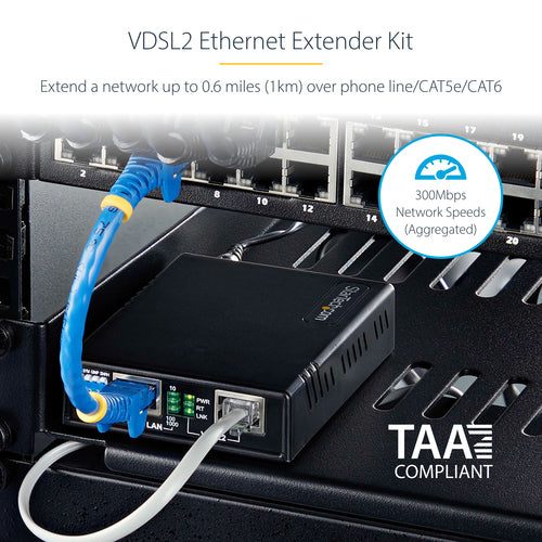 StarTech.com VDSL2 Ethernet Extender Kit over Single Pair Wire, Up to 0.6mi (1km) Long Range LAN Repeater over Phone Line/CAT5e/CAT6, Up to 300Mbps, Replacement for 110VDSLEXT