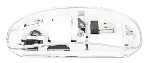 Manhattan Transparent Rechargeable Wireless Mouse, Clear/White, Adjustable 800/1200/1600dpi, With RGB LED light, 2.4Ghz (effective range up to 10m), USB, Optical, Ambidextrous, Four Button with Scroll Wheel, Slim Design, USB-A micro receiver, Lithium Ion