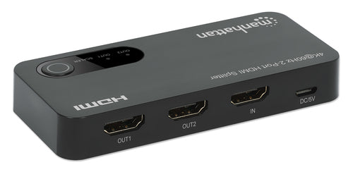 Manhattan 4K@60Hz 2-Port HDMI Splitter Splits One HDMI Input to Two HDMI Outputs (1x2), 18G, Micro-USB input for power, EDID Switch for Downscaling to 1080p, Black, 3 year warranty