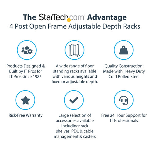 StarTech.com 4-Post 15U Mobile Open Frame Server Rack, Four Post 19" Network Rack with Wheels, Rolling Rack with Adjustable Depth for Computer/AV/Data/IT Equipment - Casters, Leveling Feet or Floor Mounting
