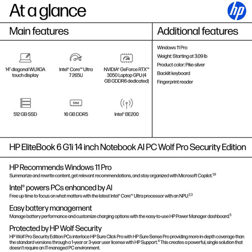 HP EliteBook 6 G1i AI PC Wolf Pro Security Edition Intel Core Ultra 7 265U Laptop 35.6 cm (14") Touchscreen WUXGA 16 GB DDR5-SDRAM 512 GB SSD Wi-Fi 7 (802.11be) Windows 11 Pro Silver
