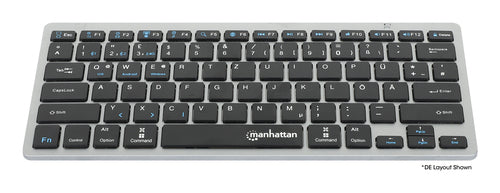 Manhattan Ultra Slim Dual-Mode Wireless Keyboard, German Quertz layout, Bluetooth (v3.0) and Wireless (2.4GHz), 78 low profile scissor keys, Auto Power Management, Range 10m, USB-A Micro Receiver, AAA Battery (included), Windows and Mac, Three Year