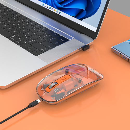 Manhattan Transparent Rechargeable Wireless Mouse, Clear/Orange, Adjustable 800/1200/1600dpi, With RGB LED light, 2.4Ghz (effective range up to 10m), USB, Optical, Ambidextrous, Four Button with Scroll Wheel, Slim Design, USB-A micro receiver, Lithium