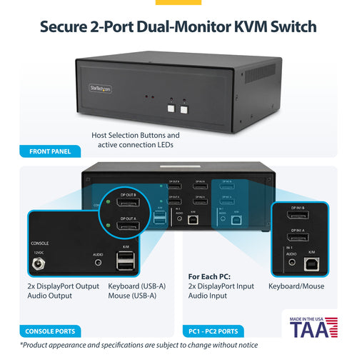 StarTech.com Secure 2-Port Dual-Monitor KVM Switch, DisplayPort, 4K 30Hz, NIAP 4.0 Desktop KVM, Metal Housing, Made in the USA