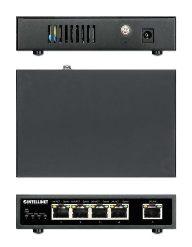 Intellinet 5-Port Gigabit Ethernet PoE+ Switch, Four PSE PoE Ports, IEEE 802.3at/af (PoE+/PoE) Compliant, PoE Power Budget up to 62 W, Desktop Format