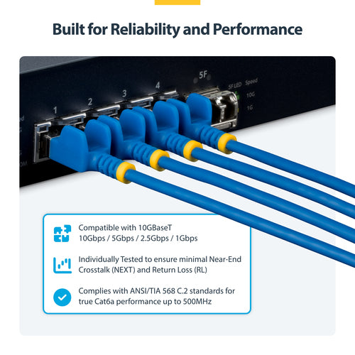 StarTech.com 5ft Blue Ultra Slim CAT6a Ethernet Cable, Snagless, FTP, Pure Bare Copper Wire, 34AWG Slim RJ45 Network Patch Cord, Individually Tested