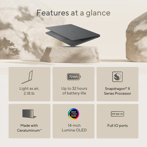ASUS Zenbook 14 UX3407QA-PS76 Copilot+ PC Snapdragon X1-26-100 Laptop 35.6 cm (14") WUXGA 32 GB LPDDR5x-SDRAM 1 TB SSD Wi-Fi 6E (802.11ax) Windows 11 Home Grey