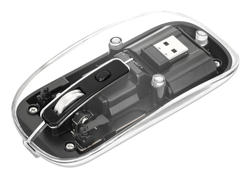 Manhattan Transparent Rechargeable Wireless Mouse, Clear/Black, Adjustable 800/1200/1600dpi, With RGB LED light, 2.4Ghz (effective range up to 10m), USB, Optical, Ambidextrous, Four Button with Scroll Wheel, Slim Design, USB-A micro receiver, Lithium Ion