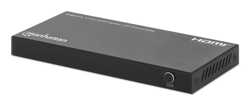 Manhattan HDMI Splitter with downscaling 4-Port , 4K@60Hz, Displays output from x1 HDMI source to x4 HD displays (same output to four displays), Downscale button to adjust a 4K input signal into 1080p, Micro-USB to USB-A power cable included (cable
