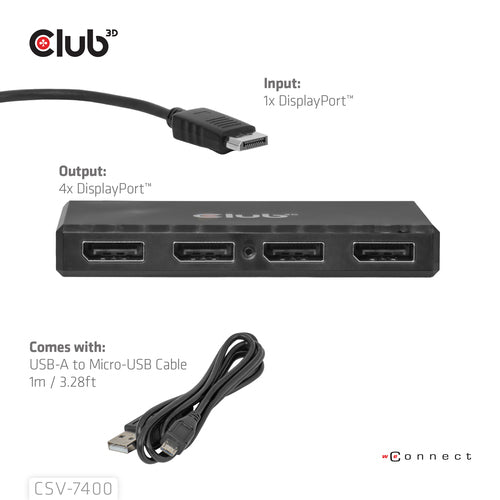 CLUB3D Quad DisplayPort™ Hub – 4 x 4K Resolution @ 30Hz, MST Support