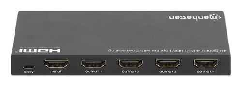 Manhattan HDMI Splitter with downscaling 4-Port , 4K@60Hz, Displays output from x1 HDMI source to x4 HD displays (same output to four displays), Downscale button to adjust a 4K input signal into 1080p, Micro-USB to USB-A power cable included (cable