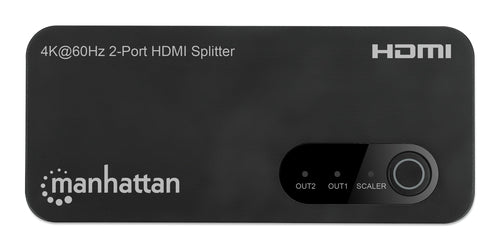 Manhattan 4K@60Hz 2-Port HDMI Splitter Splits One HDMI Input to Two HDMI Outputs (1x2), 18G, Micro-USB input for power, EDID Switch for Downscaling to 1080p, Black, 3 year warranty