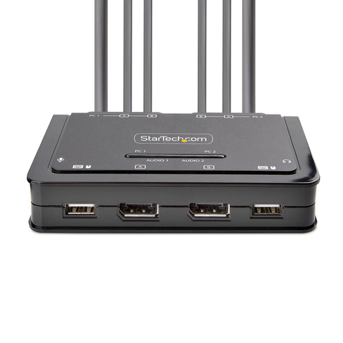 StarTech.com 2-Port Dual-Monitor DisplayPort Cable KVM Switch, 4K 60Hz, Compact KVM with 5ft/1.5m USB-A/DisplayPort/Audio Integrated Cables, Bus Powered - Remote Push Button/Hotkey Switching