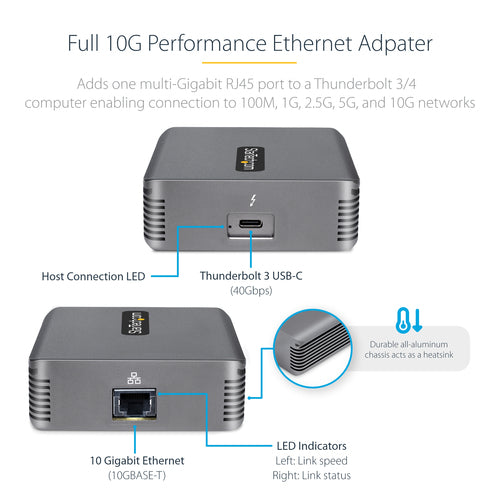 StarTech.com Thunderbolt 3 to Ethernet Adapter, 10GbE - Multi-Gigabit, Thunderbolt 3 to RJ45 Network Adapter - 10GBASE-T/5-2.5GBASE-T NIC - 10G Network Adapter w/ TB3-Certified Cable, Win/Mac