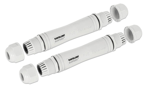 Intellinet Ultra Long Range Outdoor Fast Ethernet PoE+ Extender Kit Extends PoE up to 1000 m (3280 ft.), One PD Port up to 95 W, IEEE 802.3bt (4PPoE) Compatible, IP67 Waterproof and Dustproof, Set of Two Modules, Plastic, Gray