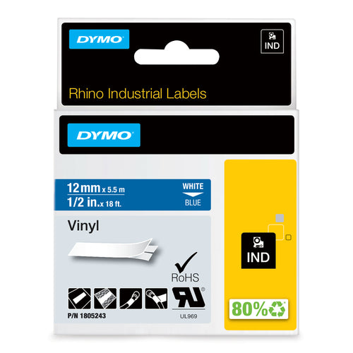 DYMO Rhino Industrial Vinyl Labels | 12 mm x 5.5m | White Print on Blue | Self-Adhesive | for LabelManager & Rhino Label Makers