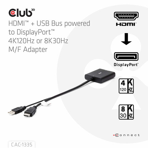 CLUB3D HDMI + Micro USB to DisplayPort™ 4K120Hz or 8K30Hz M/F Active Adapter
