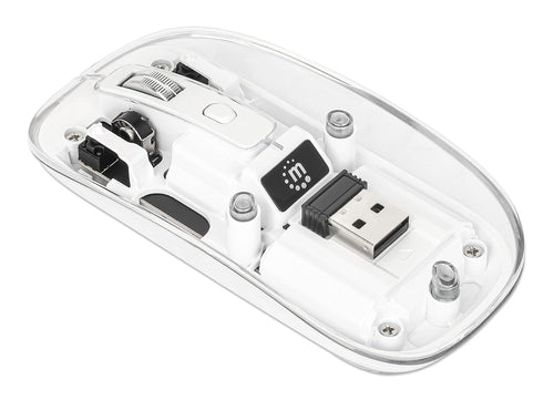 Manhattan Transparent Rechargeable Wireless Mouse, Clear/White, Adjustable 800/1200/1600dpi, With RGB LED light, 2.4Ghz (effective range up to 10m), USB, Optical, Ambidextrous, Four Button with Scroll Wheel, Slim Design, USB-A micro receiver, Lithium Ion