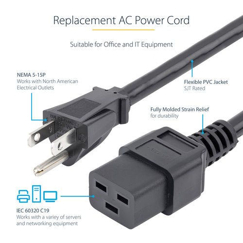 StarTech.com 3ft (1m) Heavy Duty Power Cord, NEMA 5-15P to C19 AC Power Cord, 15A 125V, 14AWG, Computer Power Cord, Heavy Gauge Power Cable for PDUs and Network Equipment, NEMA 5-15P to IEC 60320 C19 Power Cord