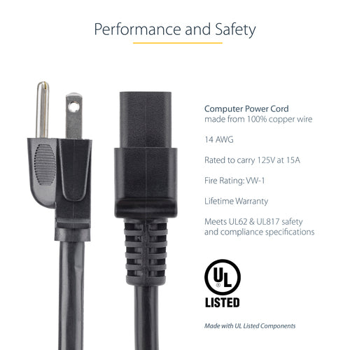 StarTech.com 10ft (3m) Heavy Duty Power Cord, NEMA 5-15P to C19 AC Power Cord, 15A 125V, 14AWG, Computer Power Cord, Heavy Gauge Power Cable for PDUs and Network Equipment, NEMA 5-15P to IEC 60320 C19 Power Cord