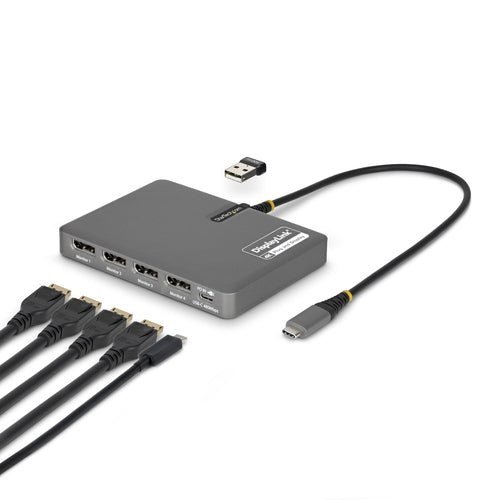 StarTech.com USB-C to Quad-Monitor Workstation Adapter, 4K 60Hz DisplayPort, 140W PD Passthrough for Laptop Charging, USB Port for Wireless Keyboard / Mouse, TAA
