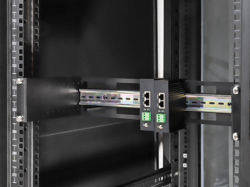 Intellinet Adjustable 19" Rackmount DIN Rail Kit, 2U, Chassis to Mount Top Hat DIN Rail Equipment in a 19 in. Rack, Adjustable Rail Depth of 48 to 174 mm, Aluminum, Black RAL 9005