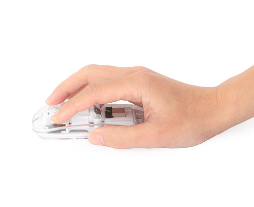 Manhattan Transparent Rechargeable Wireless Mouse, Clear/White, Adjustable 800/1200/1600dpi, With RGB LED light, 2.4Ghz (effective range up to 10m), USB, Optical, Ambidextrous, Four Button with Scroll Wheel, Slim Design, USB-A micro receiver, Lithium Ion
