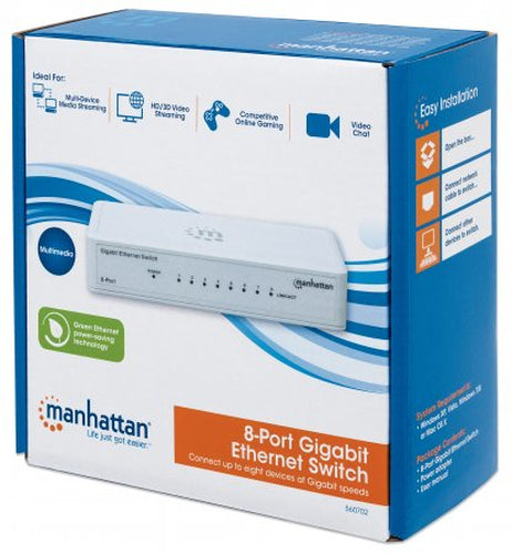 Manhattan 8-Port Gigabit Ethernet Switch, Desktop Size, Plastic, IEEE 802.3az (Energy Efficient Ethernet), Three Year Warranty, Box