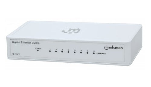 Manhattan 8-Port Gigabit Ethernet Switch, Desktop Size, Plastic, IEEE 802.3az (Energy Efficient Ethernet), Three Year Warranty, Box